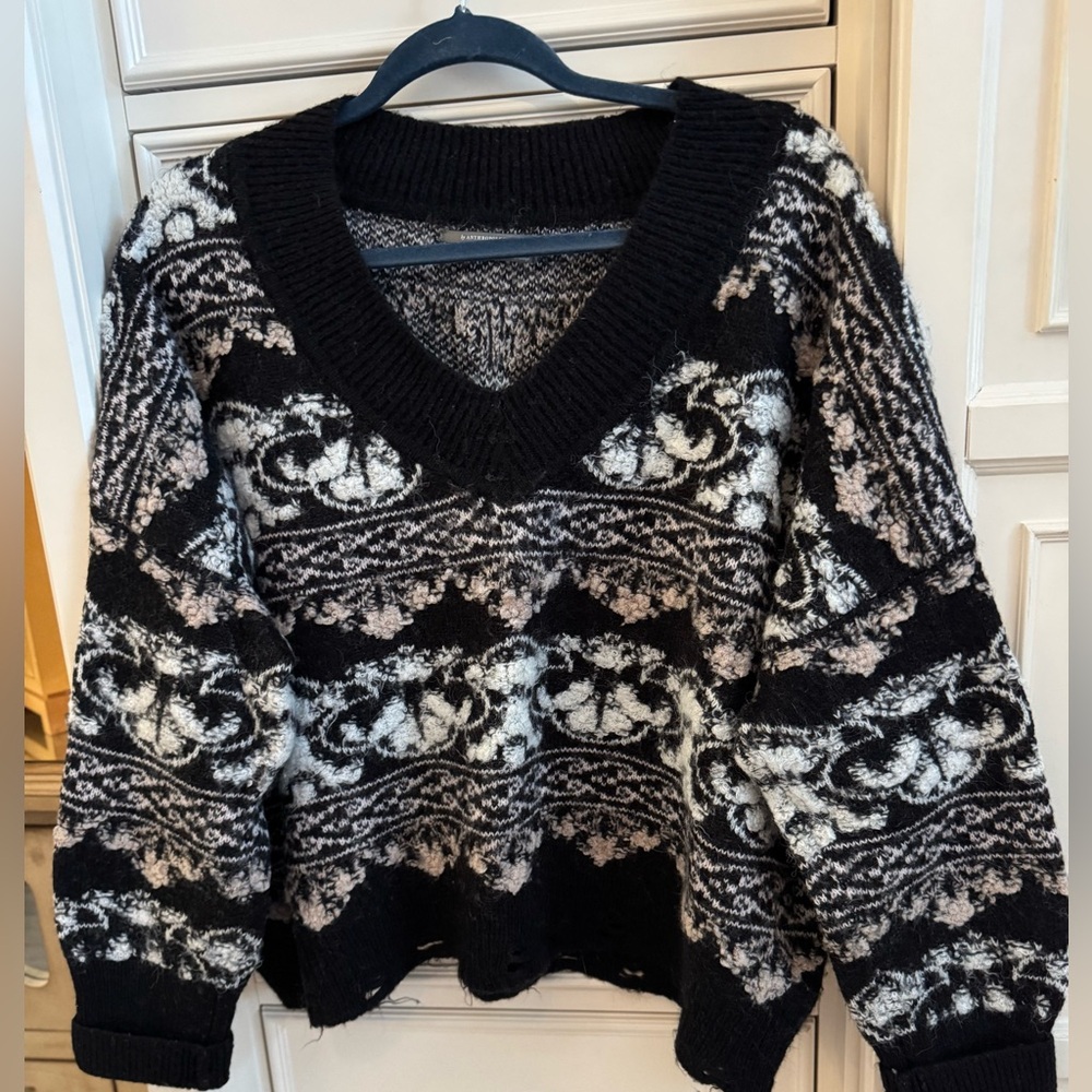 Anthropologie Black, Tan and White Patterned Women's Sweater